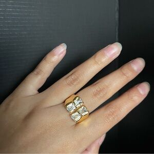 Gold Tone Adjustable Emerald Cut Chunky Statement Ring Sizable